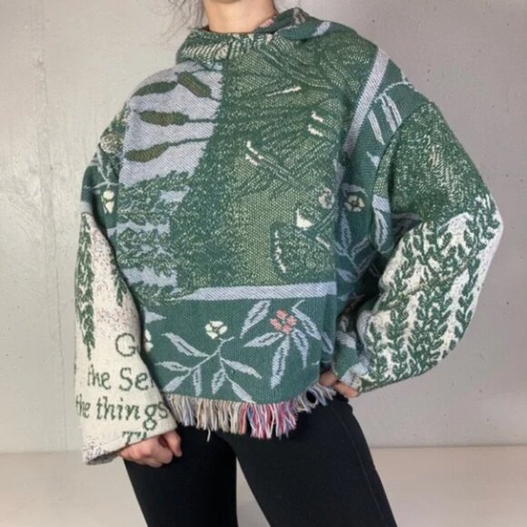 Vintage Rework Green Fringe Cropped Tapestry Blanket Hoodie - Picture 3 of 9